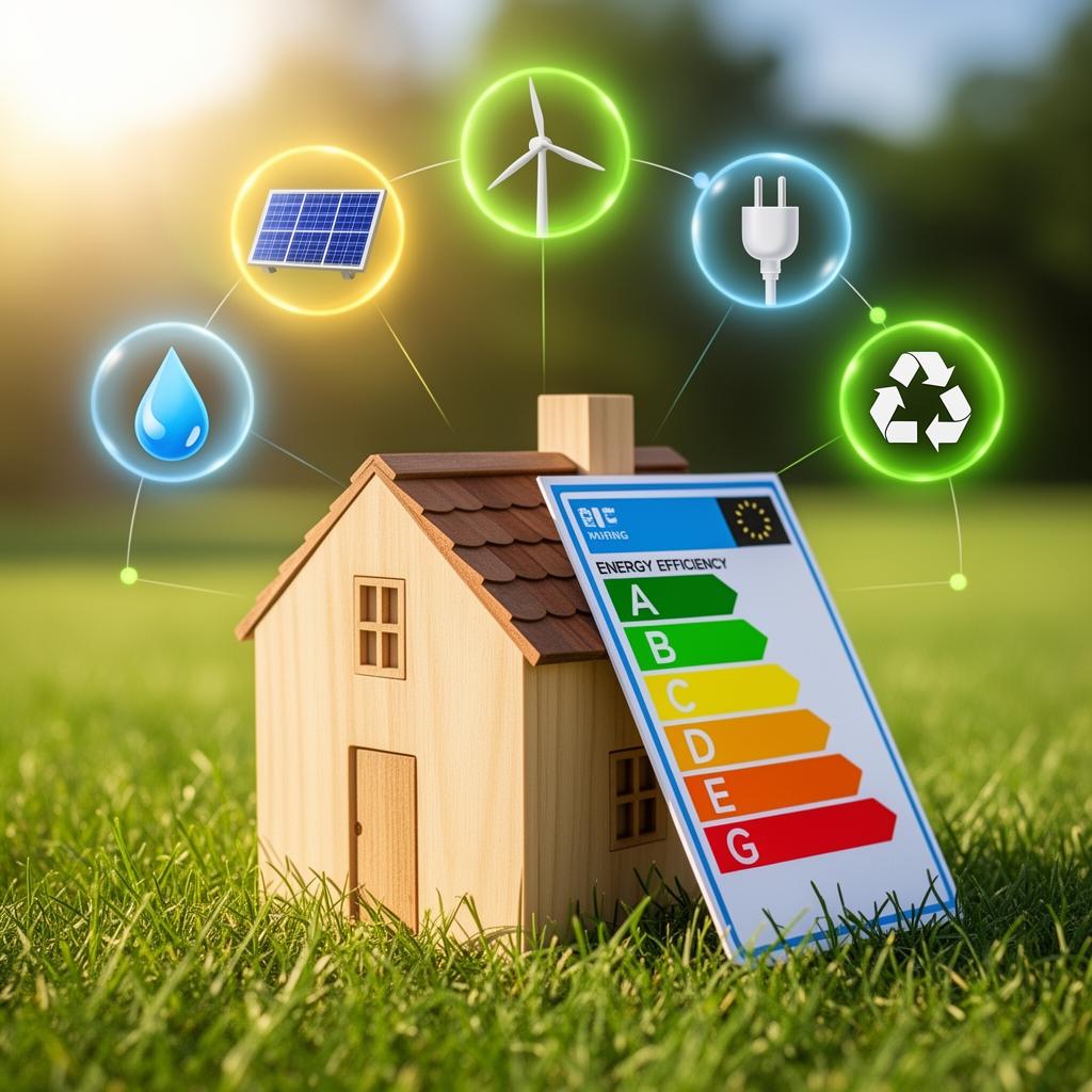 Energiekonzept mit Modellhaus und Effizienzlabel